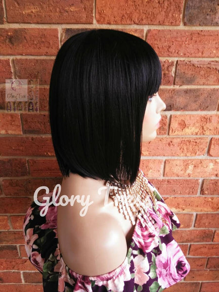 China Bang Bob Wig, 100% Human Hair Blend Wig, Short & Straight Full Wig, Light Yaki Texture // MARTHA