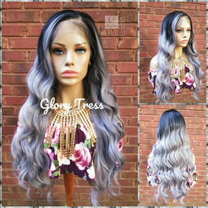 Wavy Lace Front Wig, Human Hair Blend Wig, Ombre Silver Gray Wig, 13 x 4 Free Parting//KNOWLEDGE