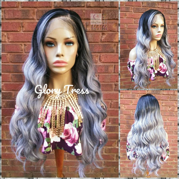 24" Wavy Lace Front Wig Human Hair Blend Wig Ombre Silver Gray Wig Glory Tress 13 x 6 Free Parting - KNOWLEDGE