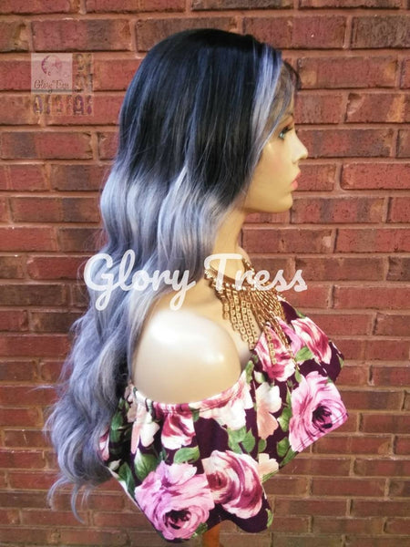 Wavy Lace Front Wig, Human Hair Blend Wig, Ombre Silver Gray Wig, 13 x 4 Free Parting//KNOWLEDGE