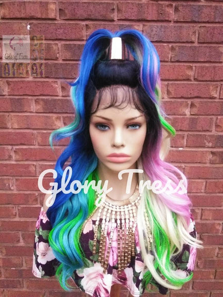 Wavy Lace Front Wig, Ombre Rainbow Wig, Glory Tress, Pink Wig, Blue Wig, Unicorn Haircolor, Cosplay Wig, Heat Safe, ON SALE // VIBRANT