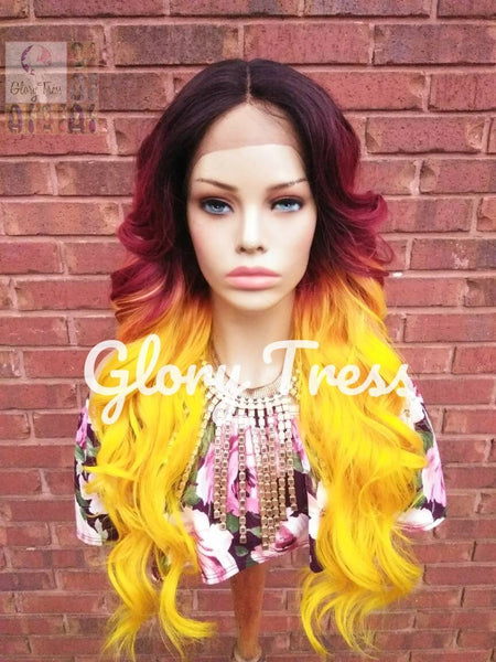 CLEARANCE // Wavy Lace Front Wig, Ombre Burgundy, Glory Tress, Ombre Yellow, Cosplay Wig, Heat Safe,// DIVA