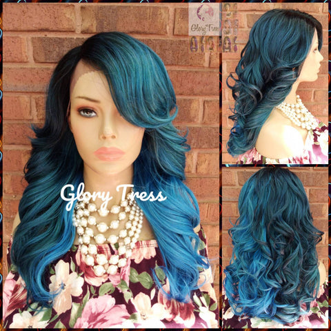 Lace Front Wig - Ombre Wig - Ombre Blue Wig - Curly Lace Front Wig - Blue Wig, Teal Wig - SALVATION