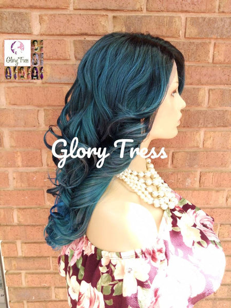 Lace Front Wig - Ombre Wig - Ombre Blue Wig - Curly Lace Front Wig - Blue Wig, Teal Wig - SALVATION