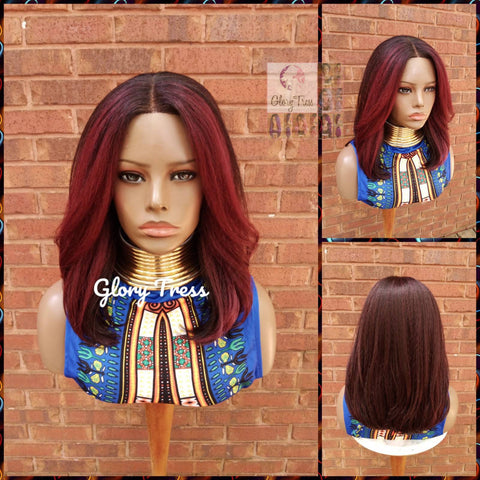 Kinky Straight Lace Front Wig, Ombre Burgundy Wig, Hd Lace Wig, Natural Yaki Wig, Glory Tress Wig, African American Wig, ON SALE // HOPE