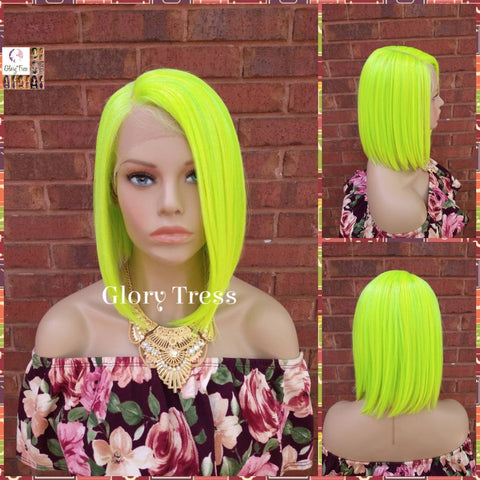 Neon Green Bob Wig, Green Wig, Straight Bob Lace Front Wig, Glory Tress, Halloween Wig, Heat Safe // BEHOLD