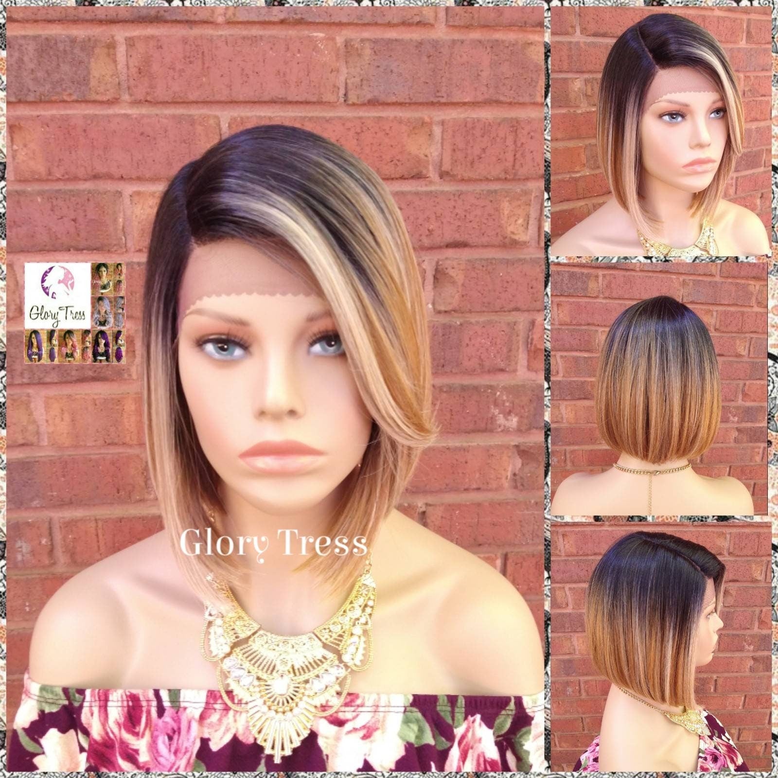 NEW ARRIVAL// Short & Chic Bob Lace Front Wig, Ombre Blonde Wig, Glory Tress, Bob With Bangs, Money Piece Highlights //  BRILLIANT