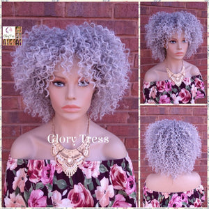 Wigs - Curly Wig - Silver Gray Wig - Glory Tress - African American Wig - Afro Wig - Full Cap Wig - Bangs // ABUNDANTLY