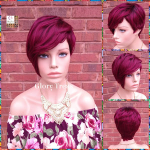 Short Razor Cut Full Wig With Side Bangs, Pixie Cut, 100% Human Hair Wig, Ombre Burgundy Wig, African American Wig, ON SALE //ADORE