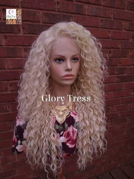 Curly Lace Front Wig, Human Hair Blend, 13X6 Free Parting, HD Lace Frontal, Glory Tress, 613 Platinum Blonde Wig // JOY