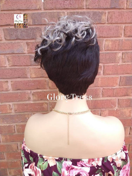 CLEARANCE// Short Razor Cut Full Wig, Pixie Cut Hairstyle, 100%  Human Hair Wig, Ombre Silver Gray, Glory Tress, Wavy Wig // VICTORY
