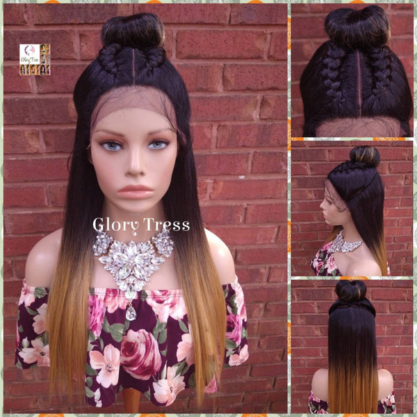 Straight Lace Front Wig, Ombre Blonde Wig, Glory Tress, Wigs, Braided Wig With Top Knot, Heat Safe, Ready To Ship// BRILLIANT