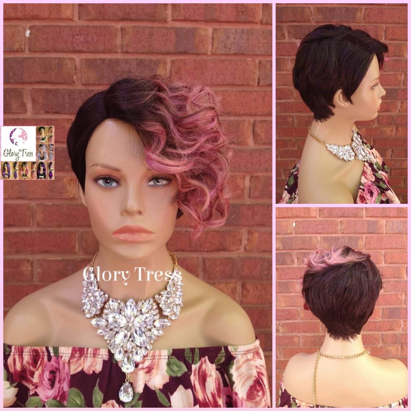 Short Razor Cut Full Wig, Pixie Cut Hairstyle With Long Side Bangs, Ombre Pink Wig, Glory Tress, Lace Side Part //REVIVE