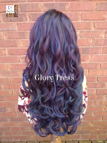 Curly Lace Front Wig, Ombre Oil Slick Rainbow Hair, Glory Tress, Dark Rooted Bombshell Wig, On Sale // SALVATION