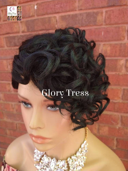Short Razor Cut Full Wig, Pixie Cut Hairstyle With Long Side Bangs, Ombre Dark Green Wi, Glory Tress, Lace Side Part //REVIVE