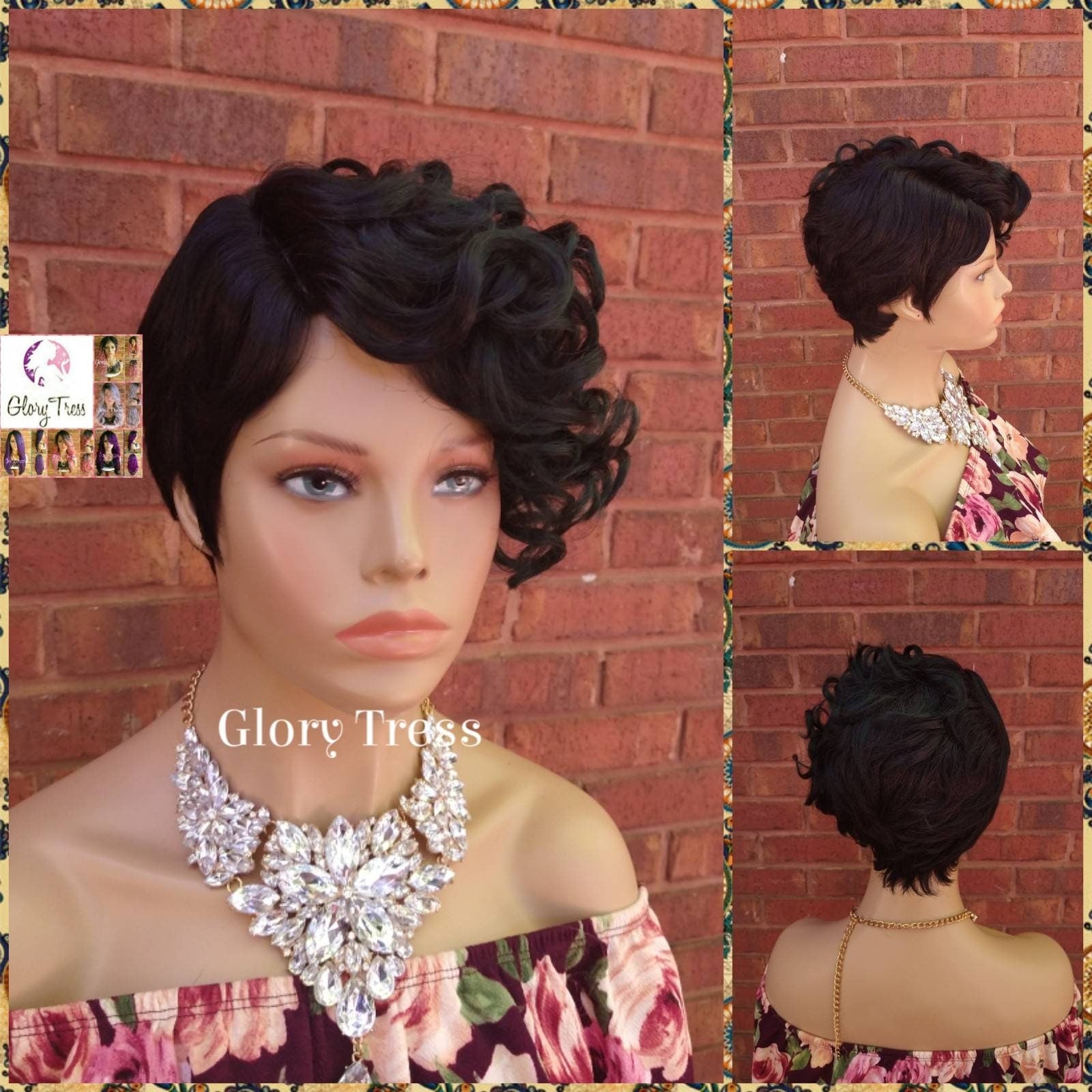 Short Razor Cut Full Wig, Pixie Cut Hairstyle With Long Side Bangs, Ombre Dark Green Wi, Glory Tress, Lace Side Part //REVIVE