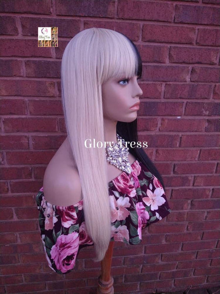 Long Full Wig, Wig with China  Bangs, Half Black/Half Blonde Wig, Glory Tress Wigs, Ready To Ship // SHOW-STOPPER