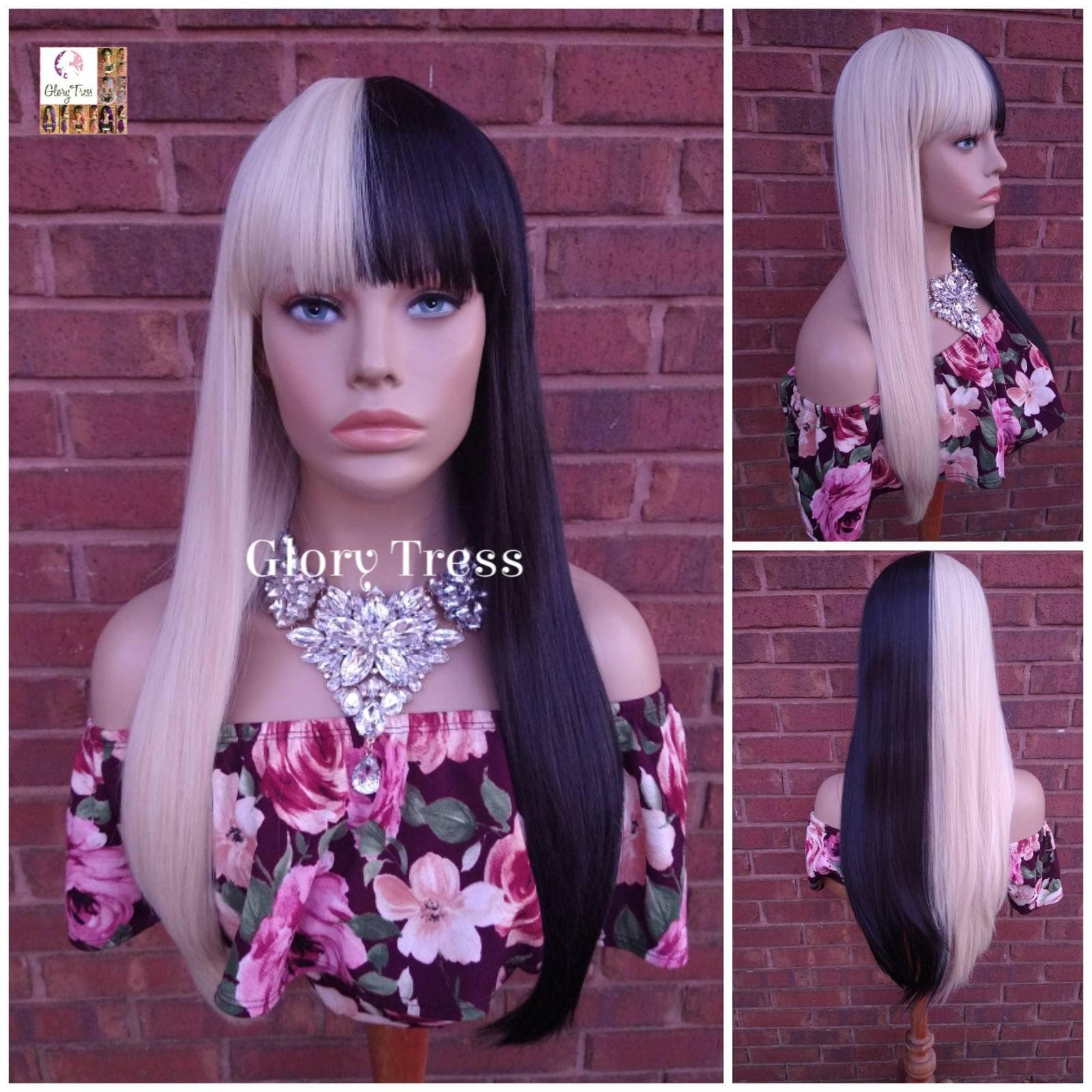 Long Full Wig, Wig with China  Bangs, Half Black/Half Blonde Wig, Glory Tress Wigs // SHOW-STOPPER