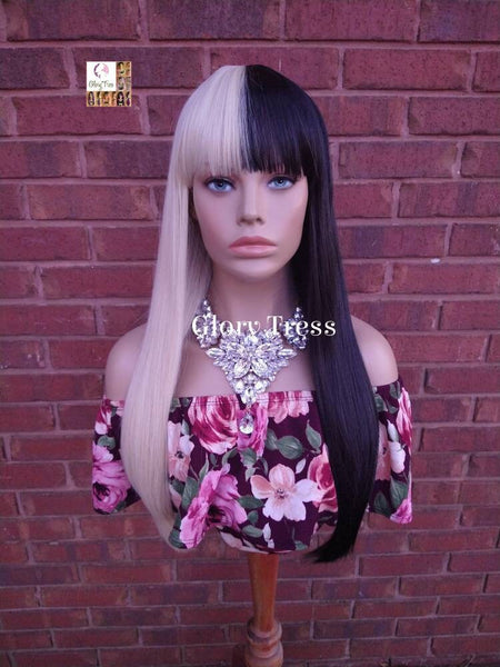 Long Full Wig, Wig with China  Bangs, Half Black/Half Blonde Wig, Glory Tress Wigs // SHOW-STOPPER