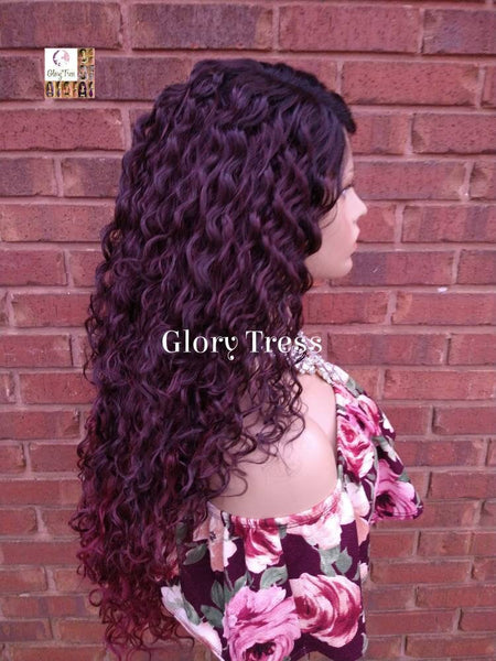 Lace Front Wig, Wavy Wig, Ombre Burgundy Wig,Glory Tress, African American Wig, Heat Safe // WINE