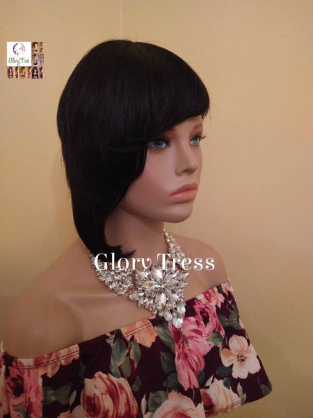 Short Razor Cut Full Wig With Side Bangs, Pixie Cut, 100% Human Hair Wig, Black Wig, African American Wig, Ready To Ship //DIVINE
