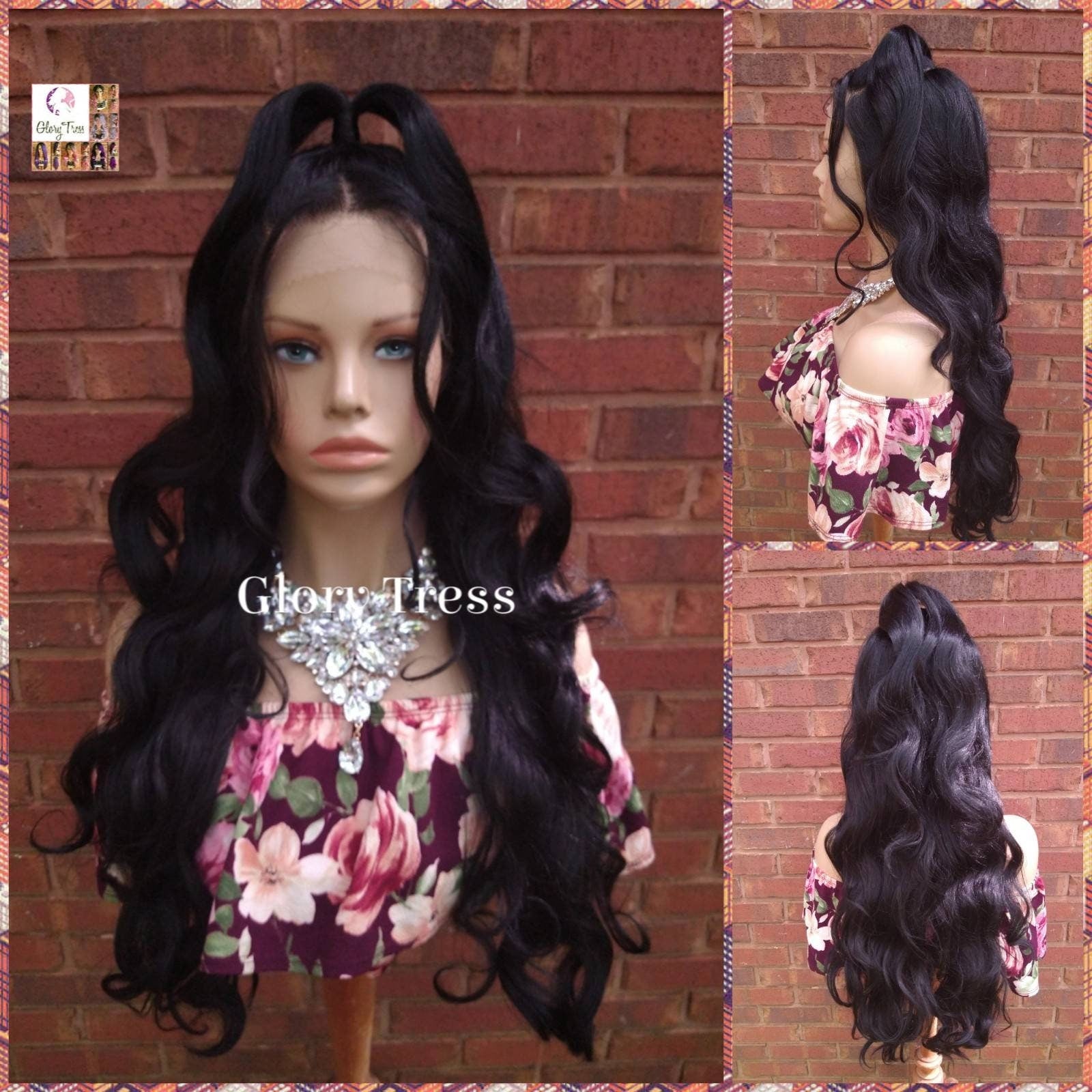 Lace Front Wig, Wavy Black Wig, Glory Tress, Pre-Styled Ponytail, Wedding Wig, Prom Wig, African American Wig // ANGELICA