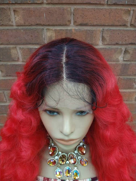 26" Wavy Lace Front Wig Ombre Red Body Wave Wig Glory Tress Wigs Alopecia Chemo Wig Cosplay Fashion Wig - FIRE