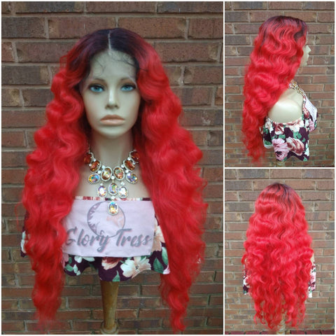 26" Wavy Lace Front Wig Ombre Red Body Wave Wig Glory Tress Wigs Alopecia Chemo Wig Cosplay Fashion Wig - FIRE