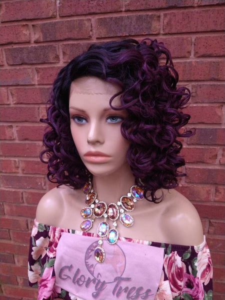 Curly Lace Front Bob Wig | Ombre Purple Dark Rooted Wig | Glory Tress Wigs | African American Wigs | Halloween Wig PEACE
