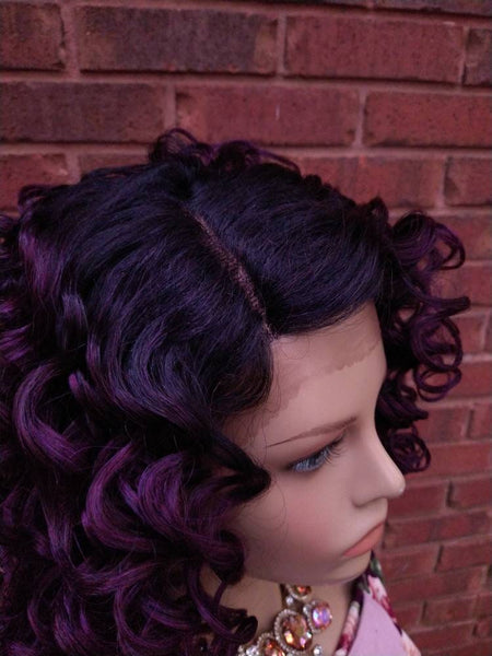 Curly Lace Front Bob Wig | Ombre Purple Dark Rooted Wig | Glory Tress Wigs | African American Wigs | Halloween Wig PEACE
