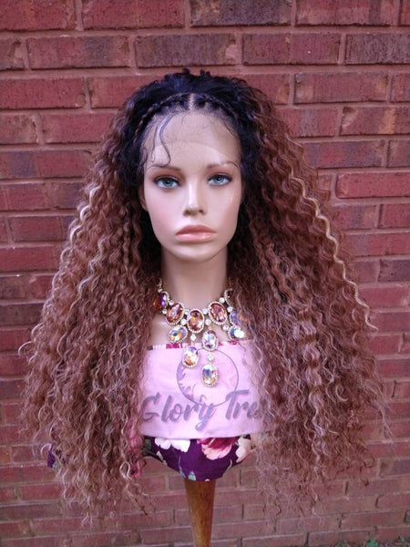 Braided Curly Lace Front Wig Ombre Blonde HD Lace Human Hair Blend Wig African American Wig Chemo Alopecia Wigs Glory Tress -TRIBAL PRINCESS