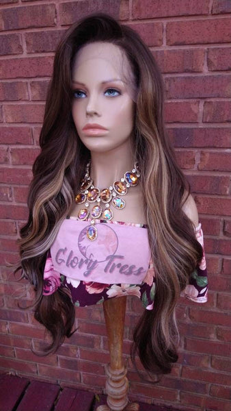 36" Wavy Lace Front Wig Pre-Plucked HD Lace Wig Human Hair Blend Brown Ash Blonde Wig With Highlights 13X6 Free Parting Glory Tress- ELEGANT