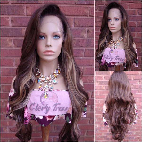 36" Wavy Lace Front Wig Pre-Plucked HD Lace Wig Human Hair Blend Brown Ash Blonde Wig With Highlights 13X6 Free Parting Glory Tress- ELEGANT