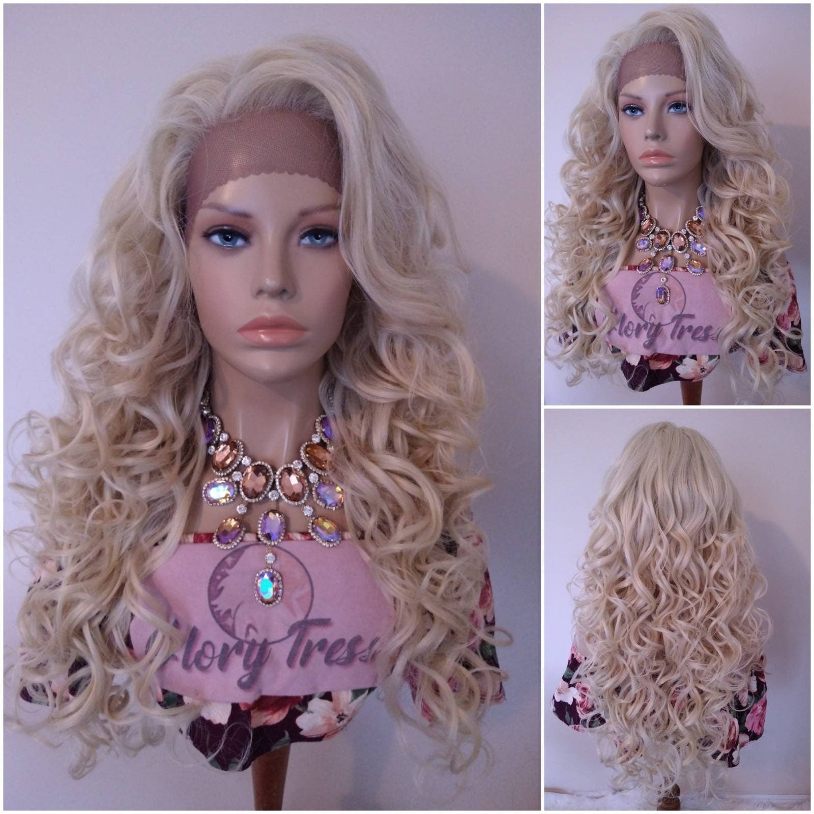 Blonde Curly Lace Front Wig 613 Platinum Blonde Human Blend Wigs For Women 13x6 Free Parting Wig, Alopecia Chemo Wigs Glory Tress - LUXURY