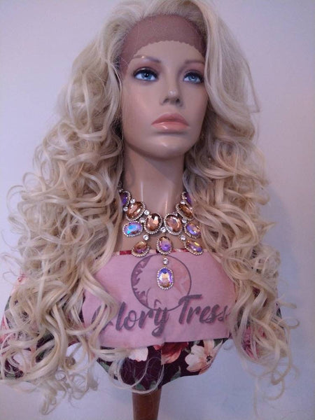 Blonde Curly Lace Front Wig 613 Platinum Blonde Human Blend Wigs For Women 13x6 Free Parting Wig, Alopecia Chemo Wigs Glory Tress - LUXURY