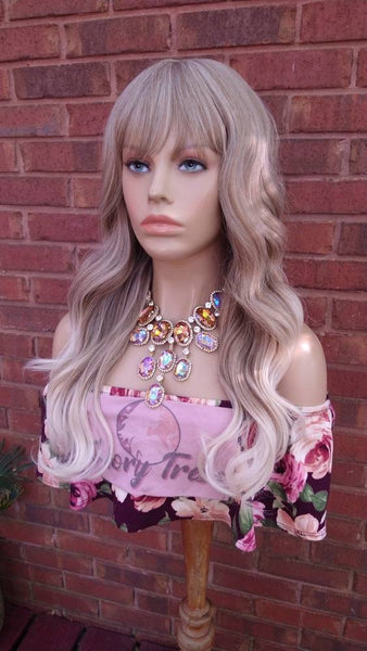 Light Ash Blonde Wavy Wig Ombre Wig Synthetic Wigs With Wispy Bangs Wigs For White Women Glory Tress Wigs Alopecia Chemo Wig - FAITH