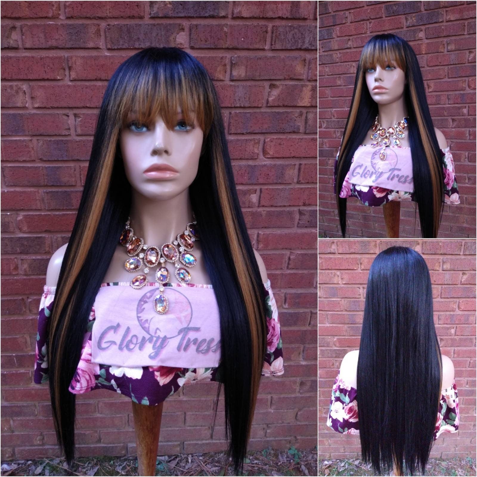 Straight Black Wig With Bangs Synthetic Wig With Auburn Highlights Halloween And Cosplay Party Wigs Heat Resistant Wig Glory Tress - RADIANT