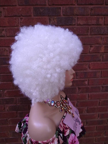 White Kinky Curly Afro Wig With Bangs Short Curly Wig Synthetic Wigs 70's Big Natural Afro Wig, African American Wig Glory Tress // FOXY1