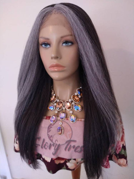 Sliver Gray Yaki Straight Lace Front Wig Ombre Gray Wig For Women Wig Long Synthetic Wig Alopecia Chemo Wigs Glory Tress - STERLING