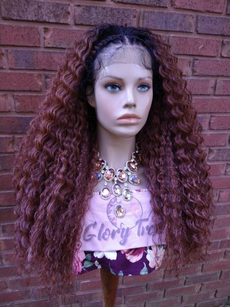 Braided Curly Lace Front Wig Ombre Auburn HD Lace Human Hair Blend Wig African American Wig Chemo Alopecia Wigs Glory Tress -TRIBAL PRINCESS