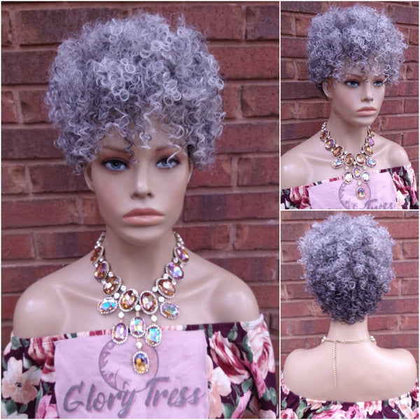 Kinky Curly Gray Wig Curly Full Wig With Bangs Ombre Silver Gray Wig  Afro Wig African American Wig Glory Tress // STERLING QUEEN