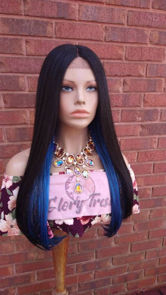 Straight Lace Front Wig Ombre Blue Wig With Glitter Thread Synthetic Wig  For Women Cosplay Halloween Party Wig - SPARKLE
