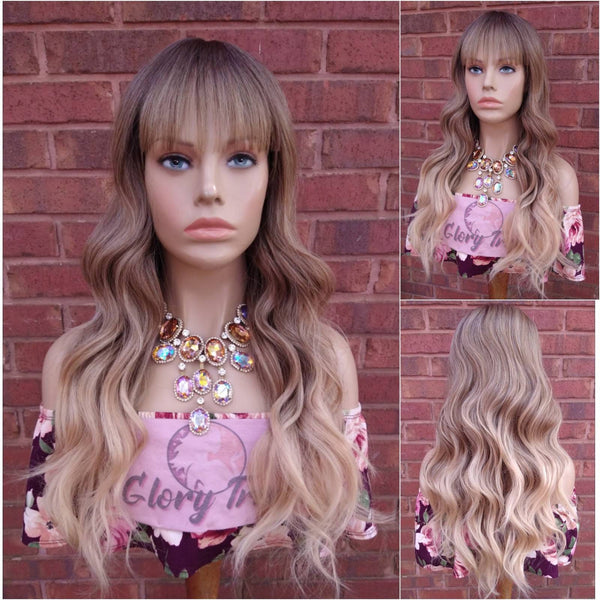 Ombre Ash Blonde Wavy Wig  Synthetic Wig With Wispy Bangs Wigs For White Women Glory Tress Wigs Alopecia Chemo Wig Heat Resistant - GLORIOUS