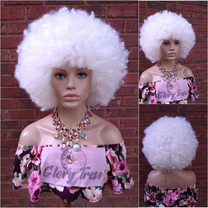 White Kinky Curly Afro Wig With Bangs Short Curly Wig Synthetic Wigs 70's Big Natural Afro Wig, African American Wig Glory Tress // FOXY1