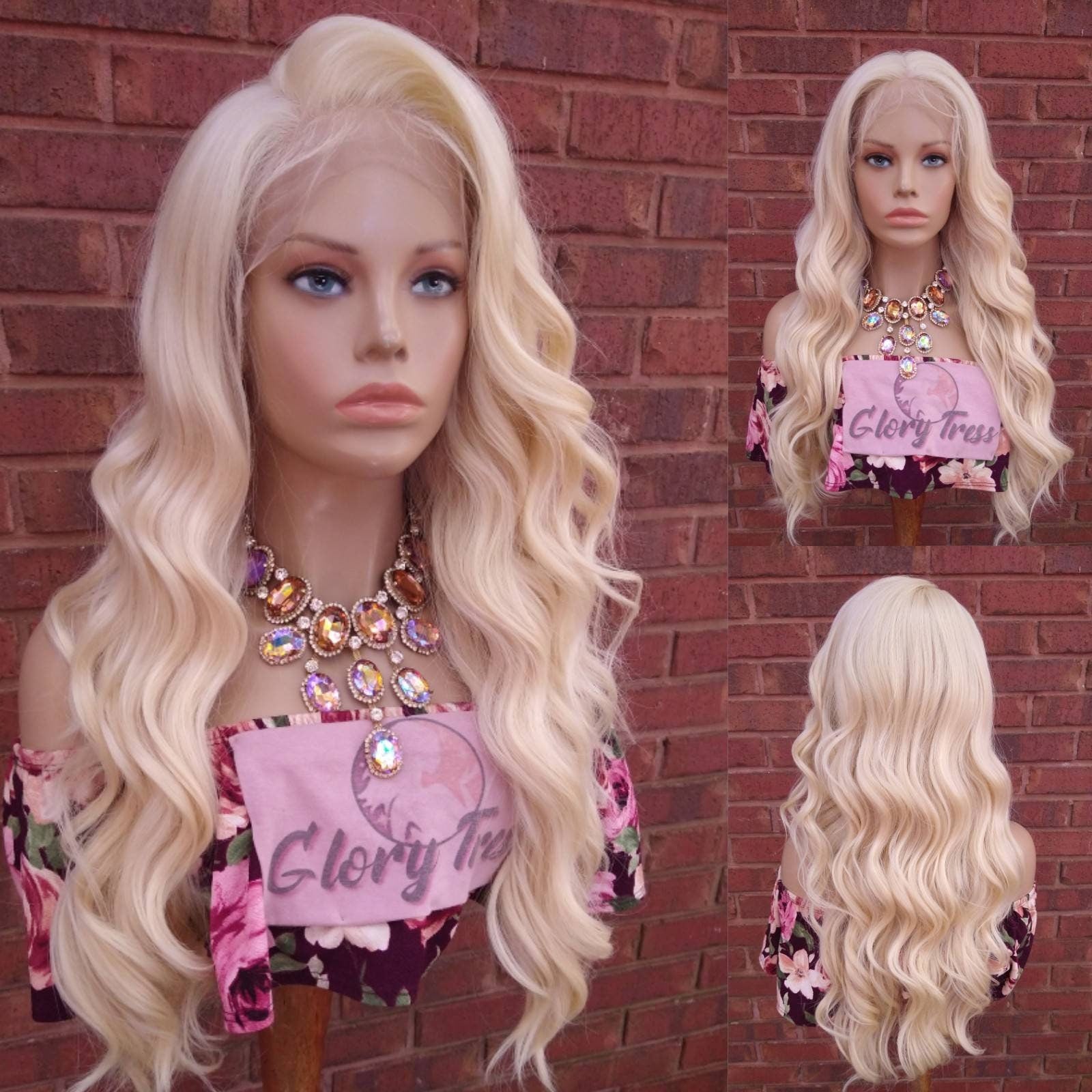 Long Glamorous Wavy Lace Front Wig Pre-Plucked HD Lace Human Blend Wigs For Women Platinum Blonde Wig 13x6 Free Parting Glory Tress - ANGEL