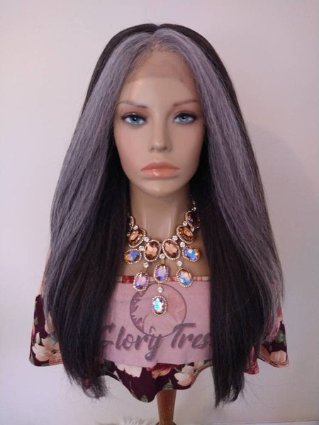 Sliver Gray Yaki Straight Lace Front Wig Ombre Gray Wig For Women Wig Long Synthetic Wig Alopecia Chemo Wigs Glory Tress - STERLING