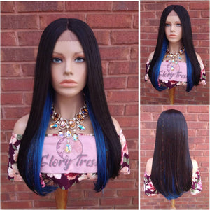 Straight Lace Front Wig Ombre Blue Wig With Glitter Thread Synthetic Wig  For Women Cosplay Halloween Party Wig - SPARKLE