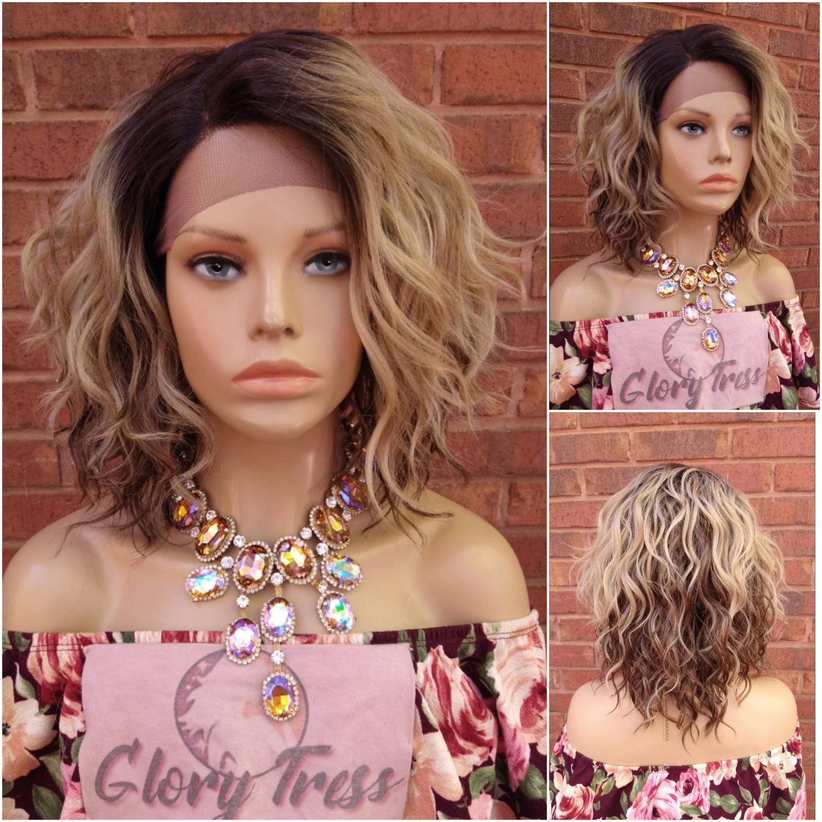 Blonde Lace Front Wig Wavy Bob Wig With Bangs Ombre Ash Blonde Synthetic Wigs For Women Chemo Alopecia Wigs Glory Tress - DESTINY