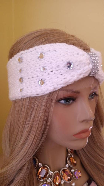 Handmade Crochet Headband White Headband With Rhinestones Ear Warmers Turbans Hair Accessories For Women Gift For Her Glory Tress- GLAMQUEEN