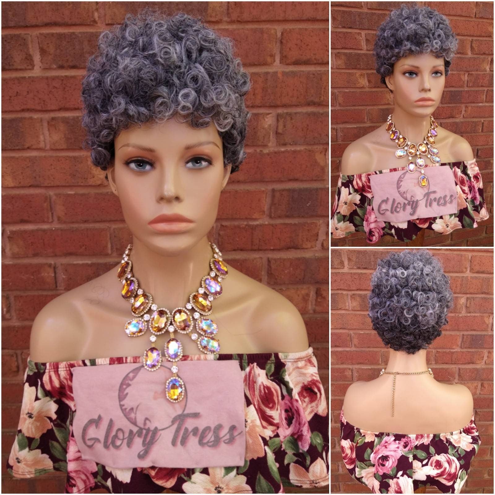 Kinky Curly Gray Wig Curly Full Wig With Short Bangs Ombre Silver Gray Wig  Afro Wig African American Wig Glory Tress // STERLING QUEEN